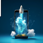 Conceptual image of mobile phone with rocket boosting out of and beyond the phone case.