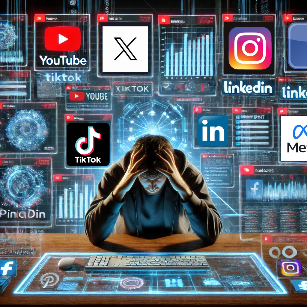 Man surrounded by media icons holding his head in frustration trying to repurpose content for different digital platforms