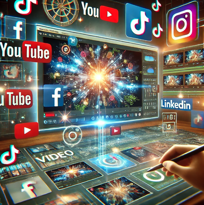 Video player surrounded by online media icons as a tool to repurpose content for different digital platforms